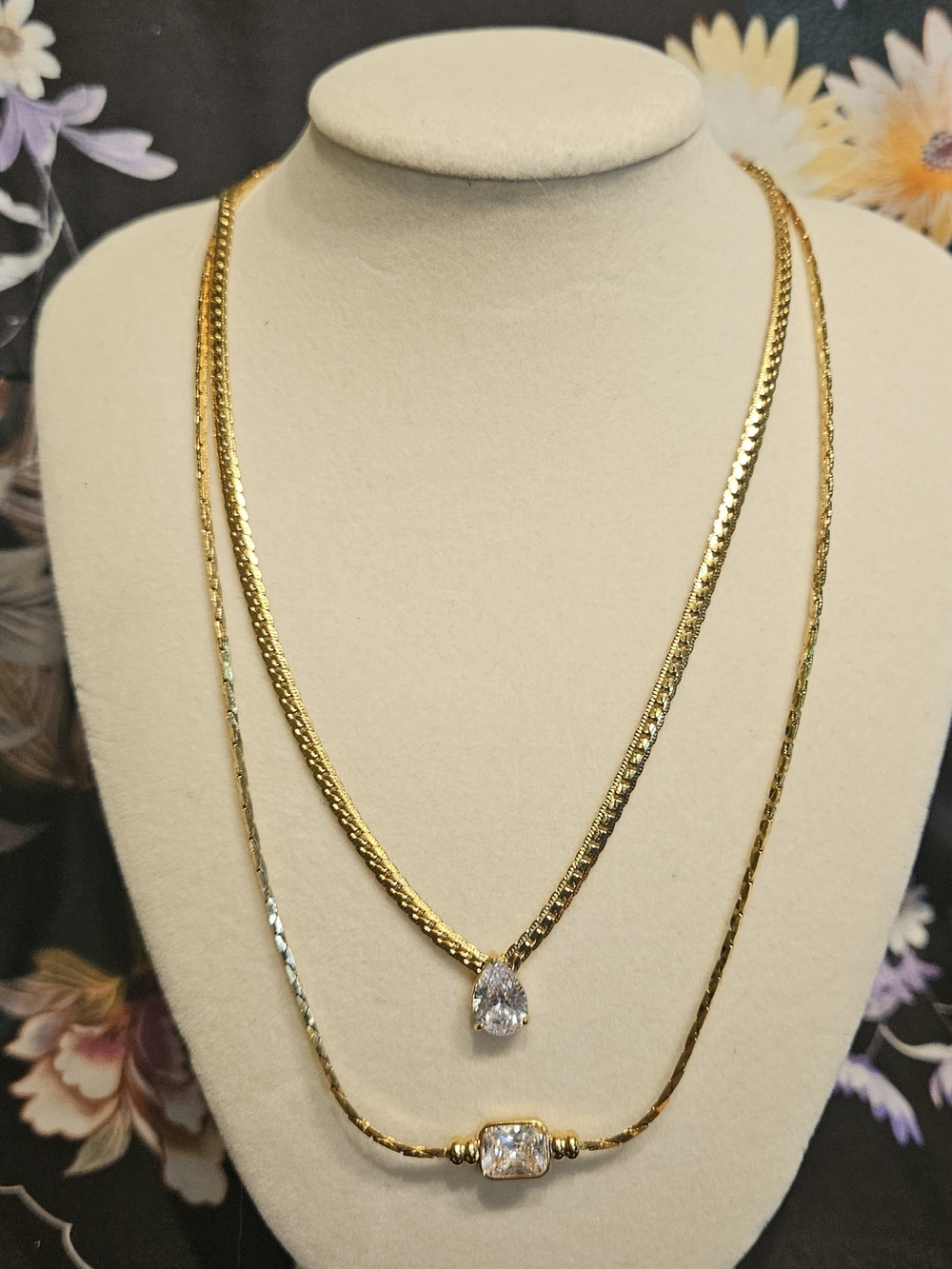 Gold-Tone Double Layer Necklace with Clear Gemstone Pendants